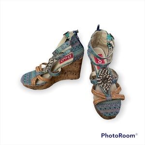 Blue and Brown boho Wedges